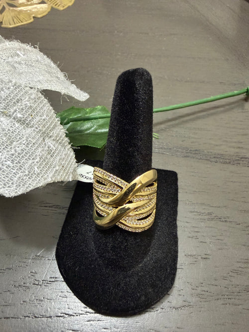 Anillo Cruzado Multibanda con Circonias Oro Laminado 14K
